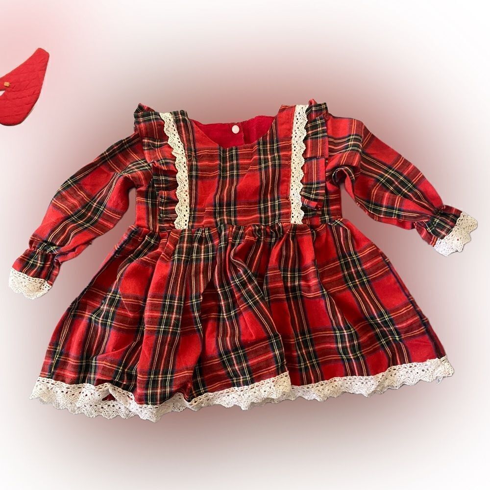 Vintage Littke Girls Plaid Lacey Dress